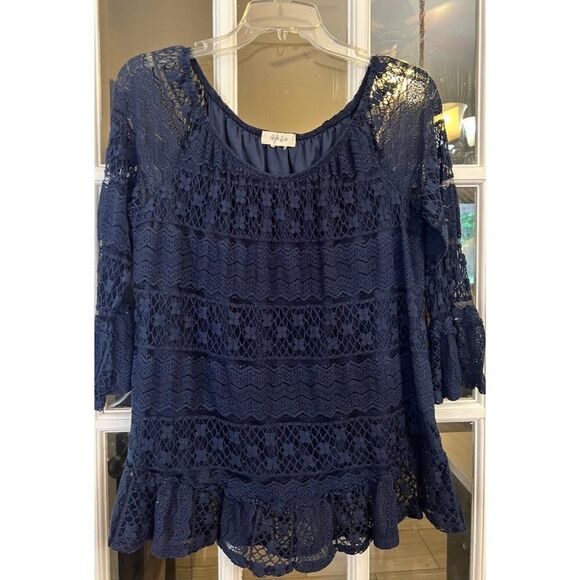 Lace Midnight Blue Witchy Long Sleeve Peasant Cottagecore Top Whimsygoth L. - Picture 1 of 4